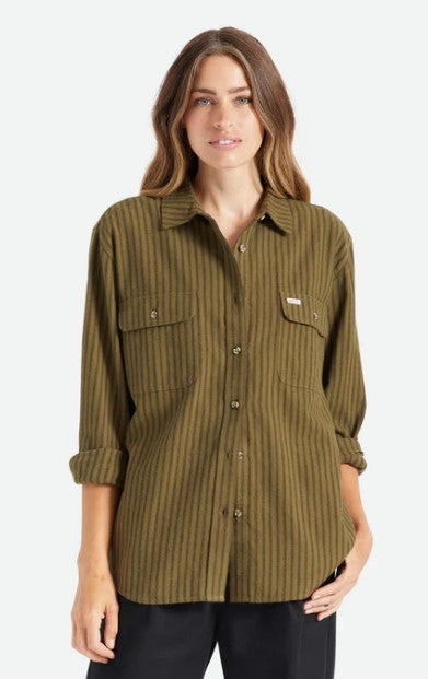 Brixton Bowery Boyfriend L/S Flannel Military Olive Stripe